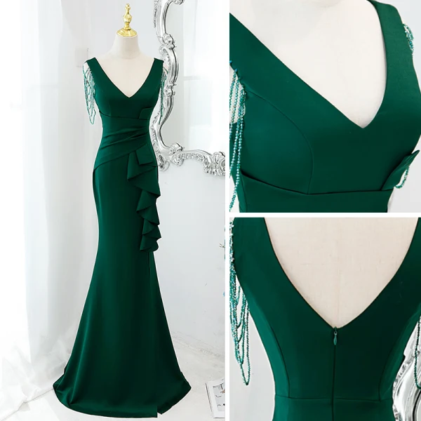 Chic / Beautiful Dark Green Satin Evening Dresses 2022 Trumpet / Mermaid V-Neck Sleeveless Beading Tassel Backless Floor-Length / Long Formal Dresses