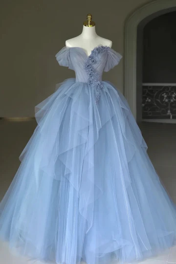 Modeste Bleu Ciel Dentelle 3d Appliques Volants En Cascade Robe De Bal 2024 Robe Boule De L Épaule Manches Courtes Dos Nu Longue Promo Robe De Ceremonie