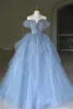 Modest  Sky Blue 3D Lace Appliques Cascading Ruffles Prom Dresses 2024 Ball Gown Off-The-Shoulder Short Sleeve Backless Floor-Length / Long Prom Formal Dresses