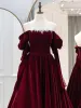 Elegant Burgundy Velvet Prom Dresses 2024 A-Line / Princess Off-The-Shoulder Long Sleeve Backless Floor-Length / Long Prom Formal Dresses