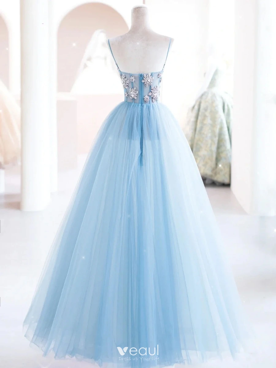 Charming Sky Blue Rhinestone Prom Dresses 2024 A-Line / Princess Spaghetti Straps Sleeveless Backless Floor-Length / Long Formal Dresses Charming Sky Blue Rhinestone Prom Dresses 2024 A-Line / Princess Spaghetti Straps Sleeveless Backless Floor-Length / Long Formal Dresses