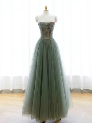 Chic Belle Vert Cendré Appliques Robe De Bal 2024 Princesse Bustier Sans Manches Dos Nu Longue Robe De Ceremonie