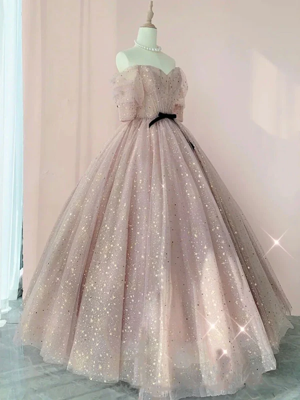 Charmant Rougissant Rose Étoile Paillettes Robe De Bal 2024 Robe Boule De l'épaule Manches Courtes Dos Nu Noeud Ceinture Longue Robe De Ceremonie