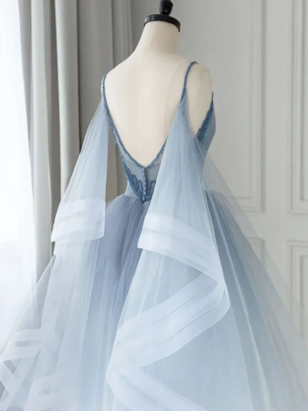 Mode Bleu Ciel Dégradé De Couleur Perlage de retour Volants en Cascade Robe De Graduation 2024 Princesse Bretelles Spaghetti Sans Manches Dos Nu Thé Longueur