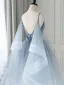 Mode Bleu Ciel Dégradé De Couleur Perlage de retour Volants en Cascade Robe De Graduation 2024 Princesse Bretelles Spaghetti Sans Manches Dos Nu Thé Longueur