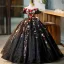 Flower Fairy Black Appliques Lace Flower Glitter Prom Dresses 2023 Off-The-Shoulder Short Sleeve Backless Floor-Length / Long Formal Dresses