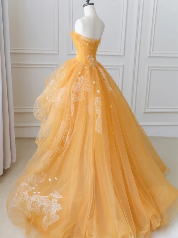 Fashion Champagne Lace Flower Cascading Ruffles Asymmetrical Prom Dresses Party Dresses 2024 Ball Gown Strapless Sleeveless Backless Formal Dresses