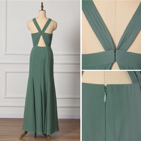 Modest / Simple Green Bridesmaid Dresses 2022 Trumpet / Mermaid Halter Sleeveless Backless Floor-Length / Long Bridesmaid