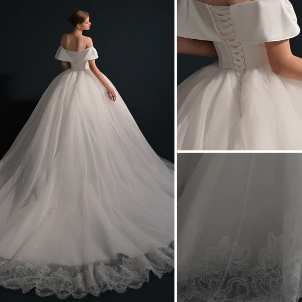 Modest / Simple High-end Ivory Ball Gown Satin Wedding Dresses 2021 Off-The-Shoulder Short Sleeve Backless Royal Train Wedding