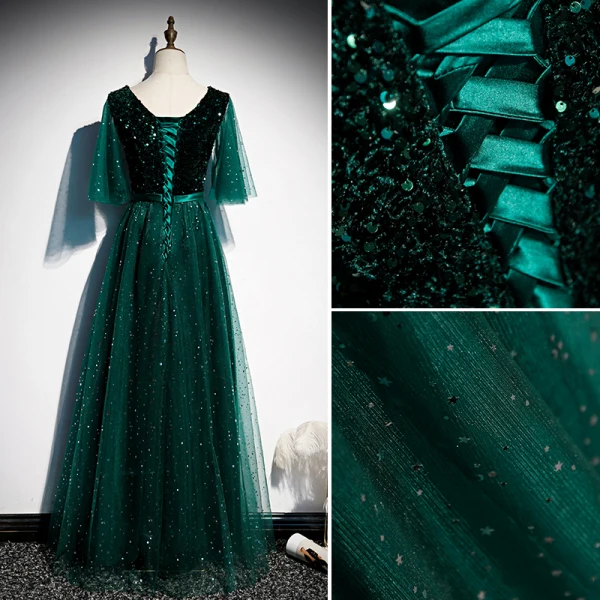 Vintage / Retro Dark Green Prom Dresses 2021 A-Line / Princess V-Neck 1/2 Sleeves Backless Floor-Length / Long Prom Formal Dresses