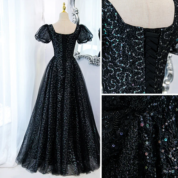 Charmant Noire Glitter Perlage Paillettes Robe De Bal 2022 Princesse Encolure Carrée Manches Courtes Dos Nu Longue Robe De Ceremonie