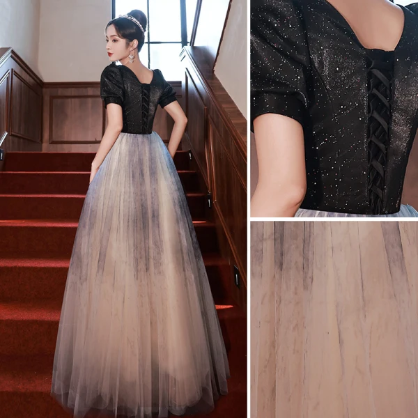 Élégant Noire Paillettes Faux Diamant Robe De Bal 2022 Princesse Encolure Carrée Manches Courtes Dos Nu Longue Robe De Ceremonie