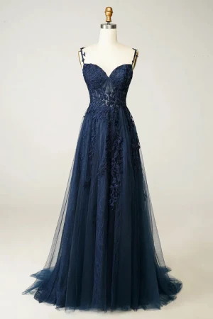 Vintage Originale Bleu Marine Faux Diamant En Dentelle Fleur Robe De Bal 2024 Princesse Bretelles Spaghetti Sans Manches Dos Nu Train De Balayage Promo Robe De Ceremonie