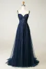 Vintage / Retro Navy Blue Rhinestone Lace Flower Prom Dresses 2024 A-Line / Princess Spaghetti Straps Sleeveless Backless Sweep Train Prom Formal Dresses