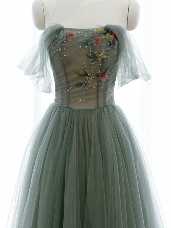 Chic / Beautiful Sage Green Appliques Prom Dresses 2024 A-Line / Princess Strapless Sleeveless Backless Floor-Length / Long Formal Dresses