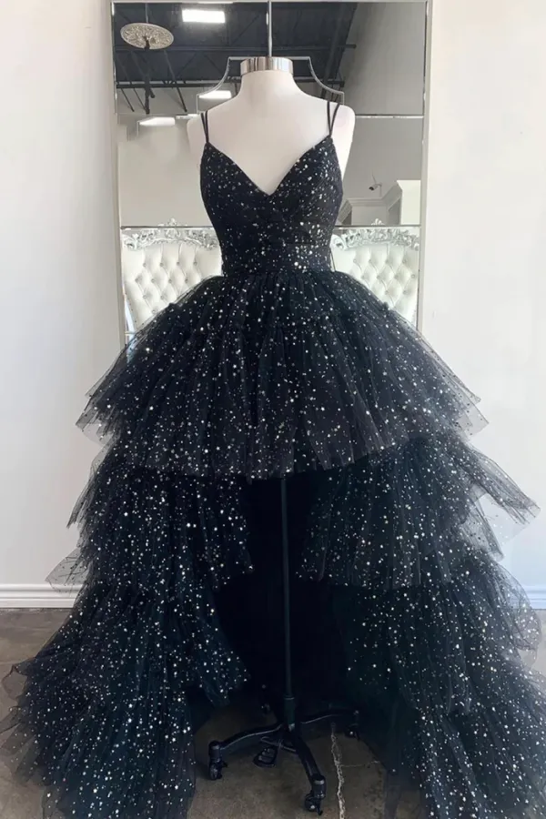 Fashion Black Star Sequins Asymmetrical Cascading Ruffles Prom Dresses 2024 Ball Gown Spaghetti Straps Sleeveless Backless Bow Prom Formal Dresses