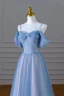 Western Bling Bling Sky Blue Beading Pearl Sequins Glitter Prom Dresses 2024 A-Line / Princess Spaghetti Straps Backless Floor-Length / Long Formal Dresses