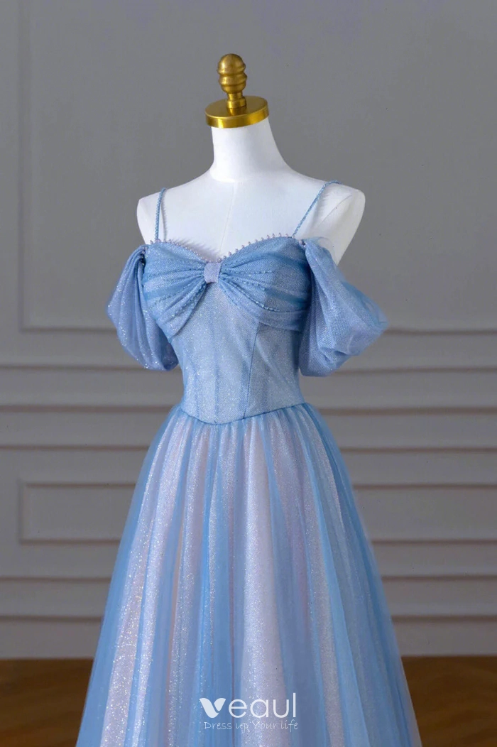 dusty blue off shoulder dress Dusty Blue Organza Long A Line Off The Shoulder Prom Gown main image 1
