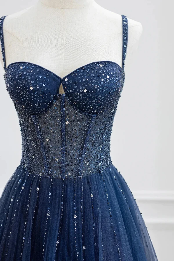 Vintage Marineblau Handgefertigt Perlenstickerei Star Pailletten Ballkleider 2024 A Linie Spaghettiträger Ärmellos Rückenfreies Lange Ball Festliche Kleider