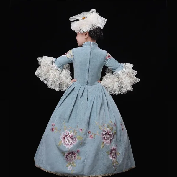 Vintage / Retro Medieval Pool Blue Flower Girl Dresses 2024 Printing Floral Floor-Length / Long 3/4 Sleeve High Neck Cosplay Wedding Prom A-Line / Princess Ball Gown Wedding Party Dresses