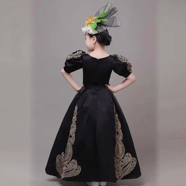 Vintage / Retro Medieval Black Flower Girl Dresses 2024 3D Lace Floral V-Neck Short Sleeve Floor-Length / Long A-Line / Princess Cosplay Prom Wedding Party Dresses
