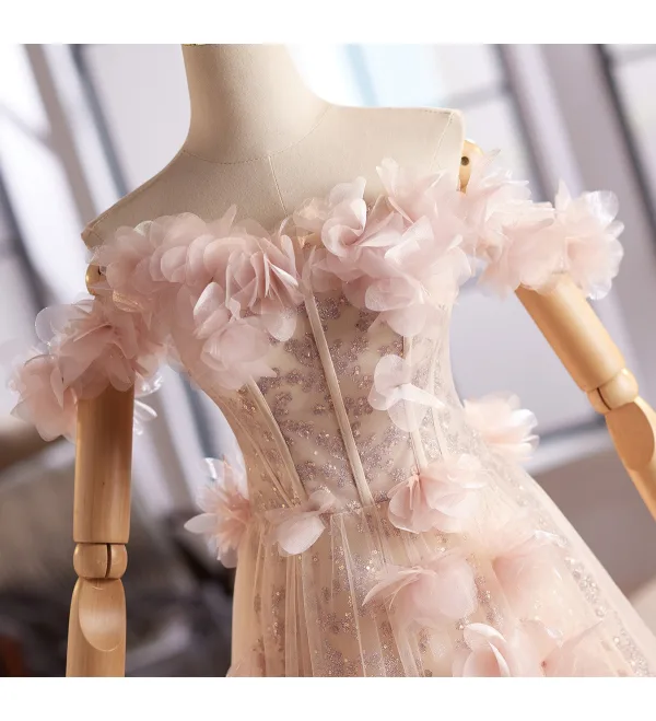 Chic / Beautiful Blushing Pink Appliques Sequins Prom Dresses 2025 A-Line / Princess Off-The-Shoulder Sleeveless Backless Floor-Length / Long Formal Dresses