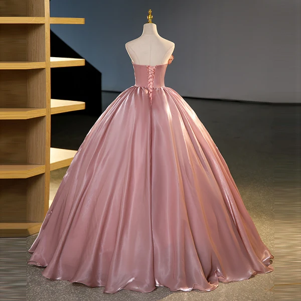 Simple Rose Sombre Organza Robe De Bal 2023 Robe Boule Bustier Sans Manches Dos Nu Longue Promo Robe De Ceremonie
