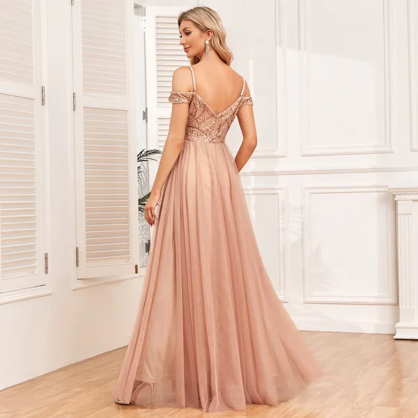 Chic / Belle Doré Paillettes Robe De Soirée 2024 Princesse Bretelles Spaghetti Sans Manches Dos Nu Longue Promo Robe De Ceremonie
