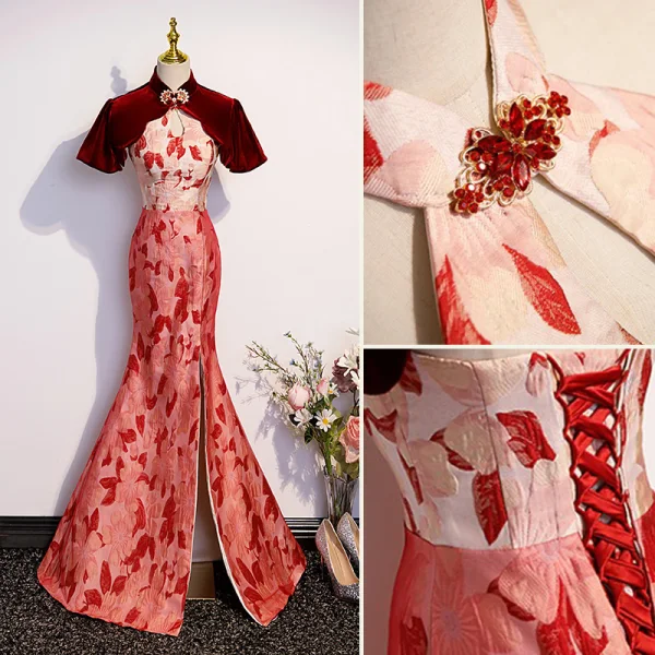Charming Burgundy Split Front Printing Cheongsam Evening Dresses 2023 Trumpet / Mermaid High Neck Short Sleeve Backless Floor-Length / Long Evening Party Formal Dresses