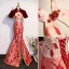 Charming Burgundy Split Front Printing Cheongsam Evening Dresses 2023 Trumpet / Mermaid High Neck Short Sleeve Backless Floor-Length / Long Evening Party Formal Dresses