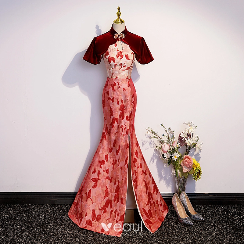 Charming Burgundy Split Front Printing Cheongsam Evening Dresses