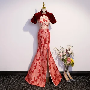 Charming Burgundy Split Front Printing Cheongsam Evening Dresses 2023 Trumpet Mermaid High Neck Short Sleeve Backless Floor Length Long Evening Party Formal Dresses