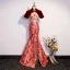 Charming Burgundy Split Front Printing Cheongsam Evening Dresses 2023 Trumpet / Mermaid High Neck Short Sleeve Backless Floor-Length / Long Evening Party Formal Dresses