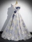 Elegant Sky Blue Beading Appliques Printing Prom Dresses 2024 A-Line / Princess Off-The-Shoulder Short Sleeve Backless Floor-Length / Long Prom Formal Dresses