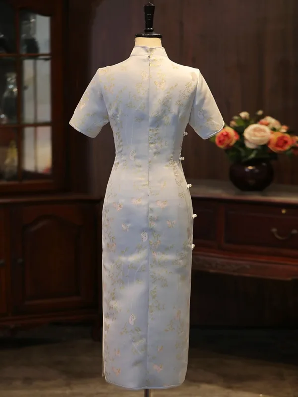 Vintage / Retro White Printing Tea-length Cheongsam 2026 Trumpet / Mermaid High Neck Short Sleeve