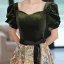 Elegant Dark Green Printing Prom Dresses 2022 A-Line / Princess Square Neckline Puffy Short Sleeve Backless Bow Sash Floor-Length / Long Prom Formal Dresses