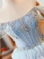 High-end Sky Blue Beading Rhinestone Cascading Ruffles Prom Dresses 2024 Ball Gown Off-The-Shoulder Sleeveless Backless Floor-Length / Long Prom Formal Dresses