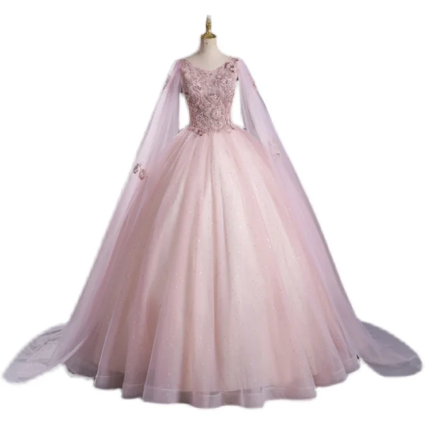 Elegant Blushing Pink Sequins Lace Flower Prom Dresses 2023 Ball Gown V-Neck Short Sleeve Backless Floor-Length / Long Prom Formal Dresses