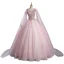 Elegant Blushing Pink Sequins Lace Flower Prom Dresses 2023 Ball Gown V-Neck Short Sleeve Backless Floor-Length / Long Prom Formal Dresses