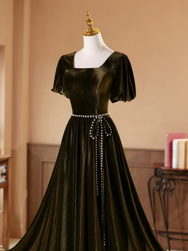 Vintage / Retro Army Green Pearl Sash Velvet Prom Dresses 2026 A-Line / Princess Square Neckline Short Sleeve Backless Floor-Length / Long Formal Dresses