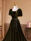 Vintage / Retro Army Green Pearl Sash Velvet Prom Dresses 2026 A-Line / Princess Square Neckline Short Sleeve Backless Floor-Length / Long Formal Dresses