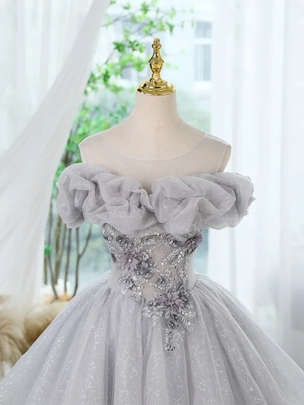Chic / Belle Gris Perlage Appliques Paillettes Courte Anniversaire Robe De Fête 2024 Robe Boule De l'épaule Manches Courtes Dos Nu Robe De Ceremonie