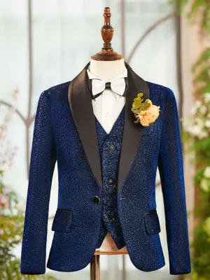 Tomber Hiver Bleu Marine Manches Longues 6 Pièces Costume Garçon Mariage 2025 Bijoux De Corps Manteau Pantalon Chemise Cravate Gilet
