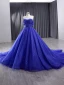 High-end Kongeblå Glitter Håndlavet Beading Rhinestone Gallakjoler 2024 Balkjole Stropløs Ærmeløs Halterneck Chapel Train Galla Kjoler
