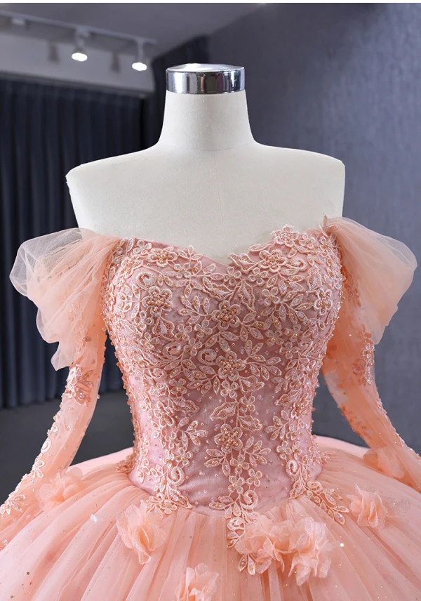 Luxury / Gorgeous Candy Pink Handmade  Beading Pearl Sequins Lace Flower Appliques Cascading Ruffles Prom Dresses 2023 Ball Gown Off-The-Shoulder 3/4 Sleeve Backless