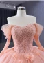 Luxury / Gorgeous Candy Pink Handmade  Beading Pearl Sequins Lace Flower Appliques Cascading Ruffles Prom Dresses 2023 Ball Gown Off-The-Shoulder 3/4 Sleeve Backless