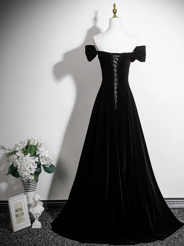 Fashion Black Velvet Appliques Evening Dresses 2025 A-Line / Princess Off-The-Shoulder Sleeveless Backless Floor-Length / Long Formal Dresses