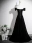 Fashion Black Velvet Appliques Evening Dresses 2025 A-Line / Princess Off-The-Shoulder Sleeveless Backless Floor-Length / Long Formal Dresses