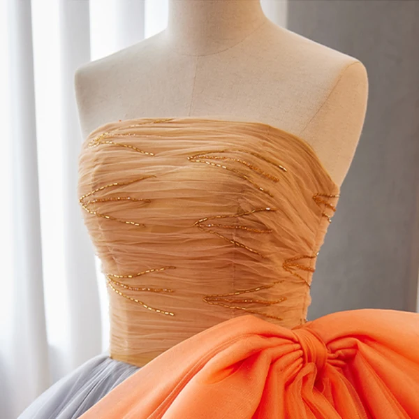 Elegant Orange Beading Prom Dresses 2023 Ball Gown Strapless Sleeveless Backless Bow Floor-Length / Long Prom Formal Dresses