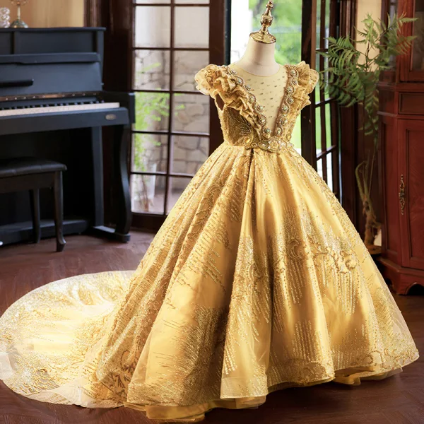 High-end Gold Beading Pearl Rhinestone Sequins Birthday Flower Girl Dresses 2023 Ball Gown Scoop Neck Sleeveless Court Train Flower Girl Dresses